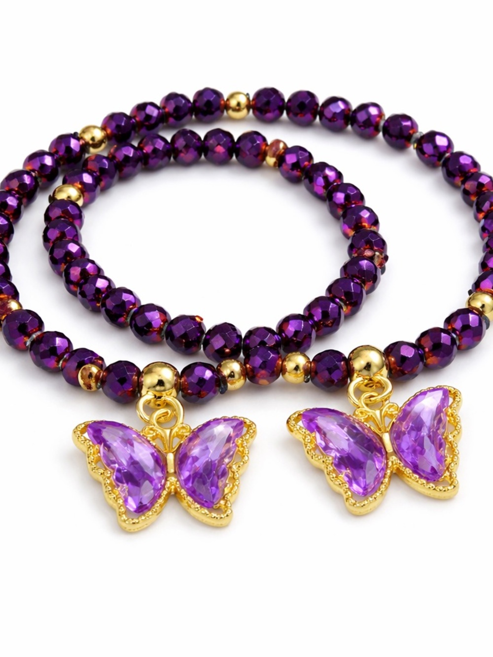 Purple Aurora Borealis Crystal & Gold Butterfly Bracelet Set of 2